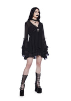 SHANTI | SHEER RUFFLE BELL SLEEVE MINI DRESS - Black