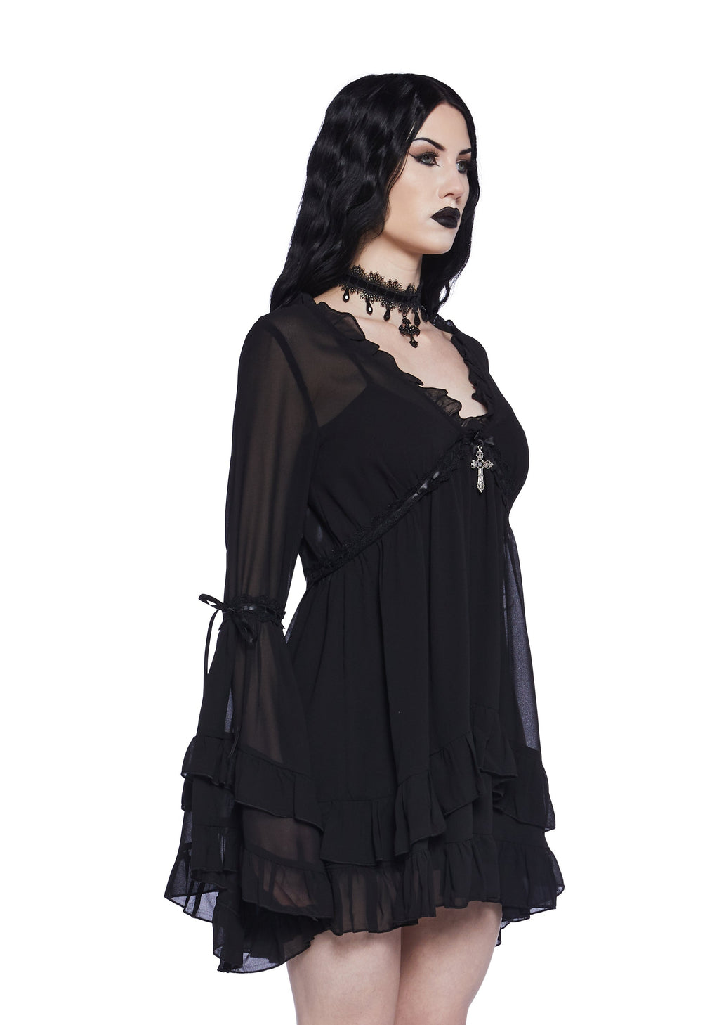 SHANTI | SHEER RUFFLE BELL SLEEVE MINI DRESS - Black