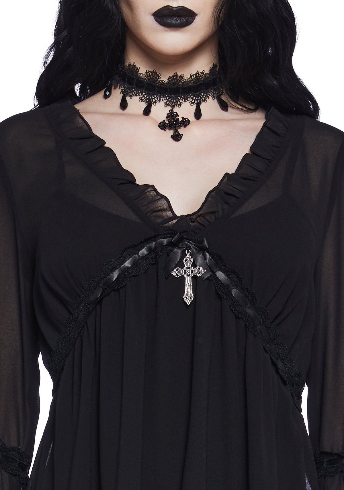 SHANTI | SHEER RUFFLE BELL SLEEVE MINI DRESS - Black