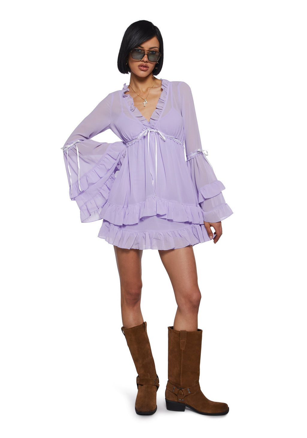SHANTI | SHEER RUFFLE BELL SLEEVE MINI DRESS - Lavender