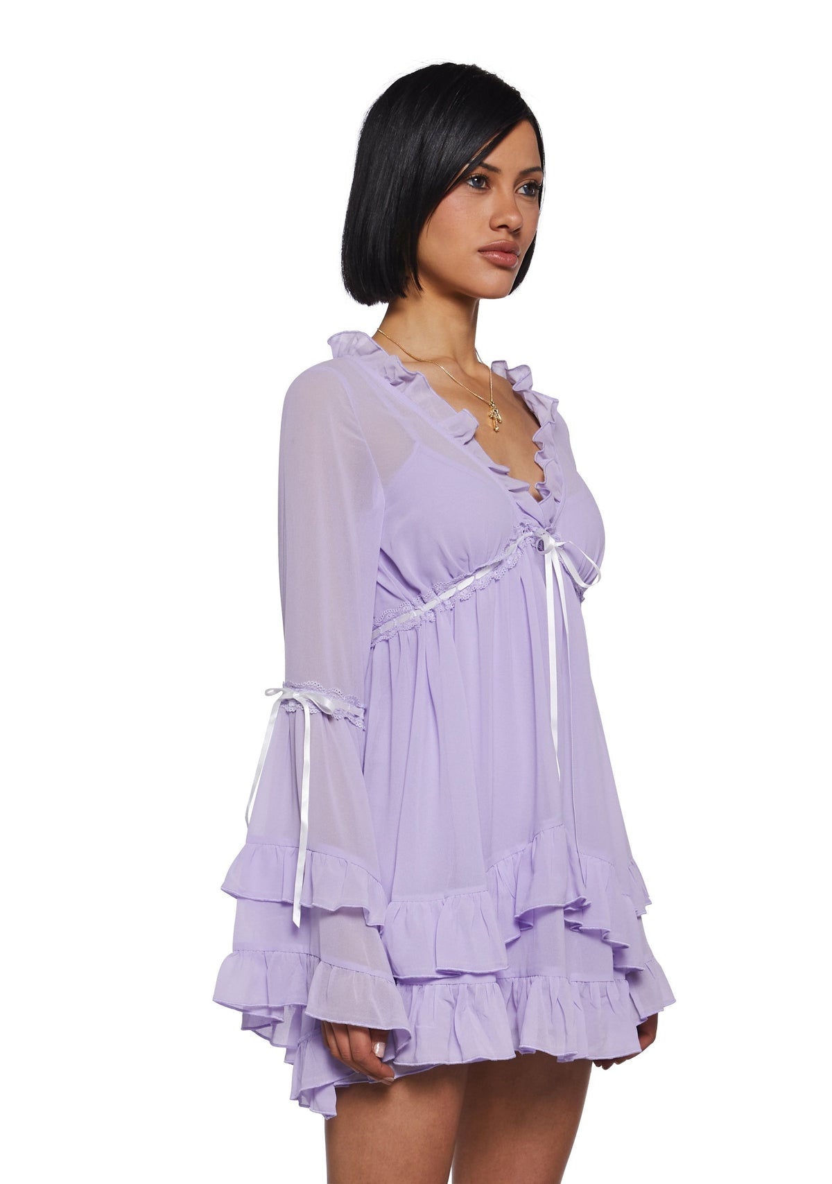 SHANTI | SHEER RUFFLE BELL SLEEVE MINI DRESS - Lavender