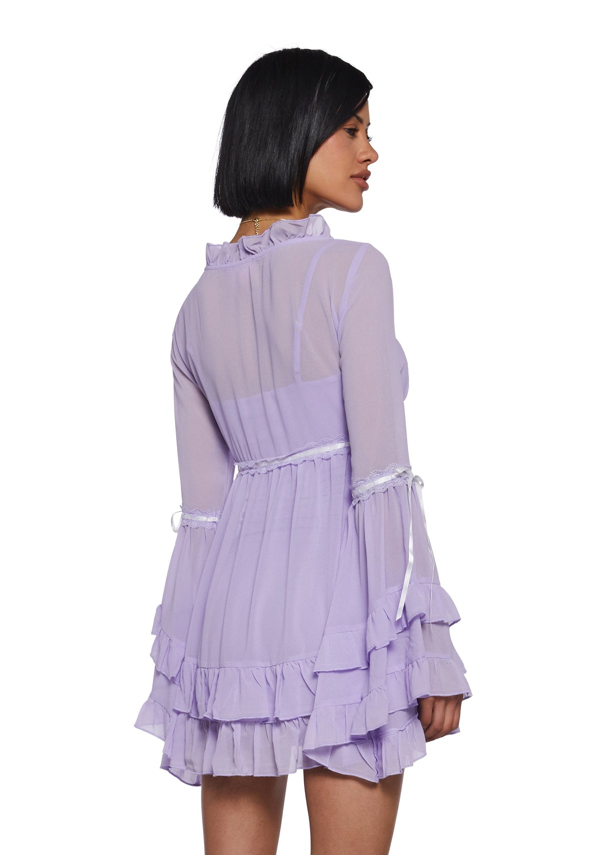 SHANTI | SHEER RUFFLE BELL SLEEVE MINI DRESS - Lavender