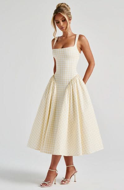 Cream checkered midi dress with square neckline and full skirt