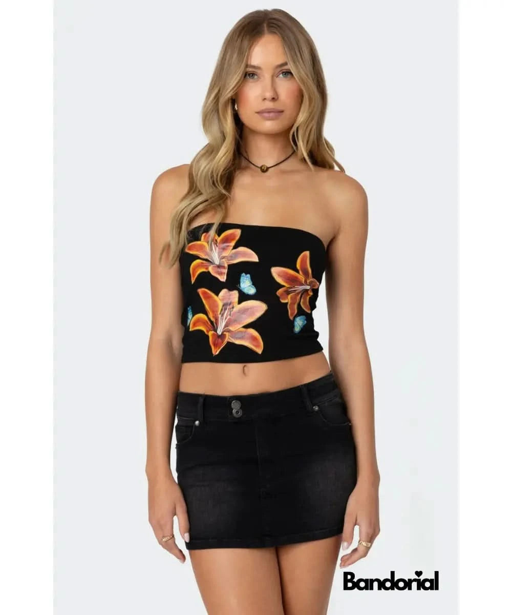 Black strapless tube top featuring orange lily blooms and butterfly motif