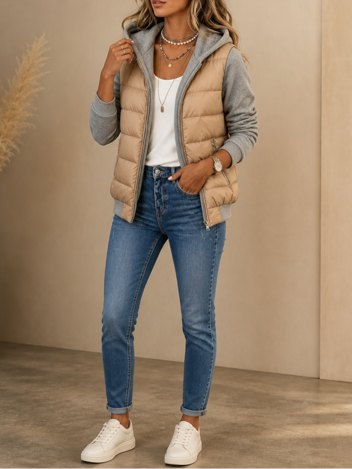 SIAN | QUILTED PUFFER KNIT SLEEVE JACKET - Gray