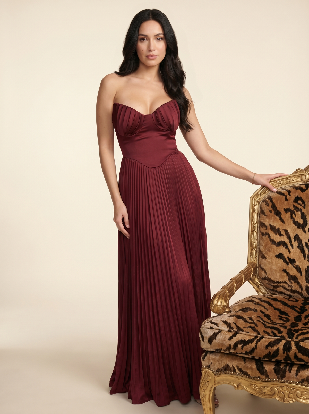 SIDONIE | PLEATED MAXI DRESS - Burgundy