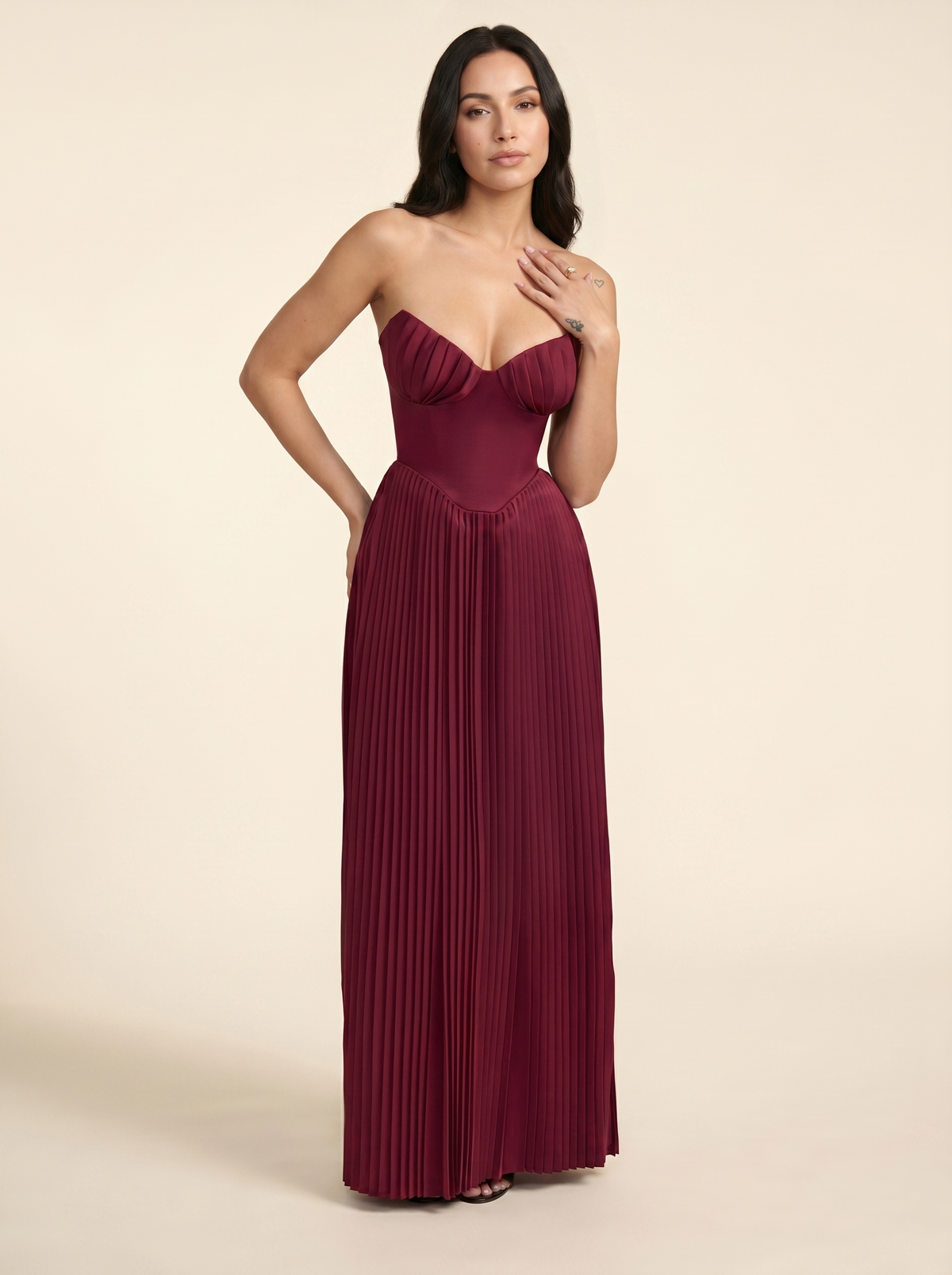 SIDONIE | PLEATED MAXI DRESS - Burgundy