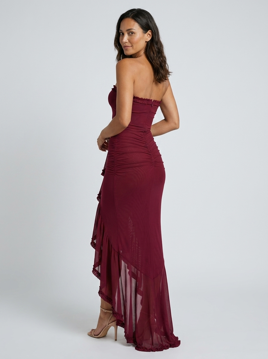 SINEAD | STRAPLESS RUCHED CASCADE MAXI DRESS - Burgundy