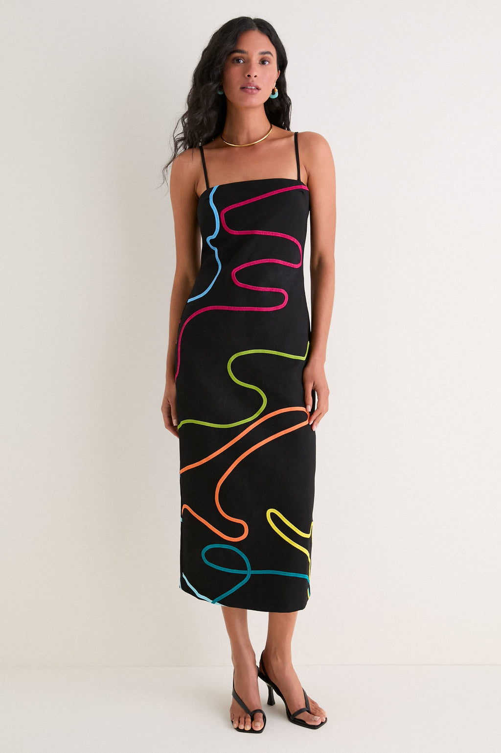 SIVAN | SWIRL EMBROIDERED LINEN MIDI DRESS - Black Rainbow Swirl