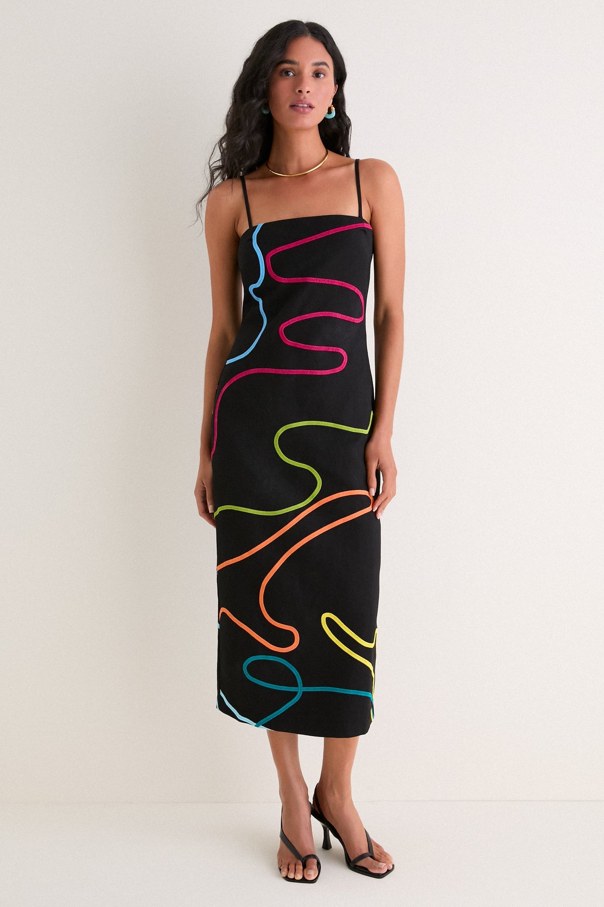 SIVAN | SWIRL EMBROIDERED LINEN MIDI DRESS - Black Rainbow Swirl