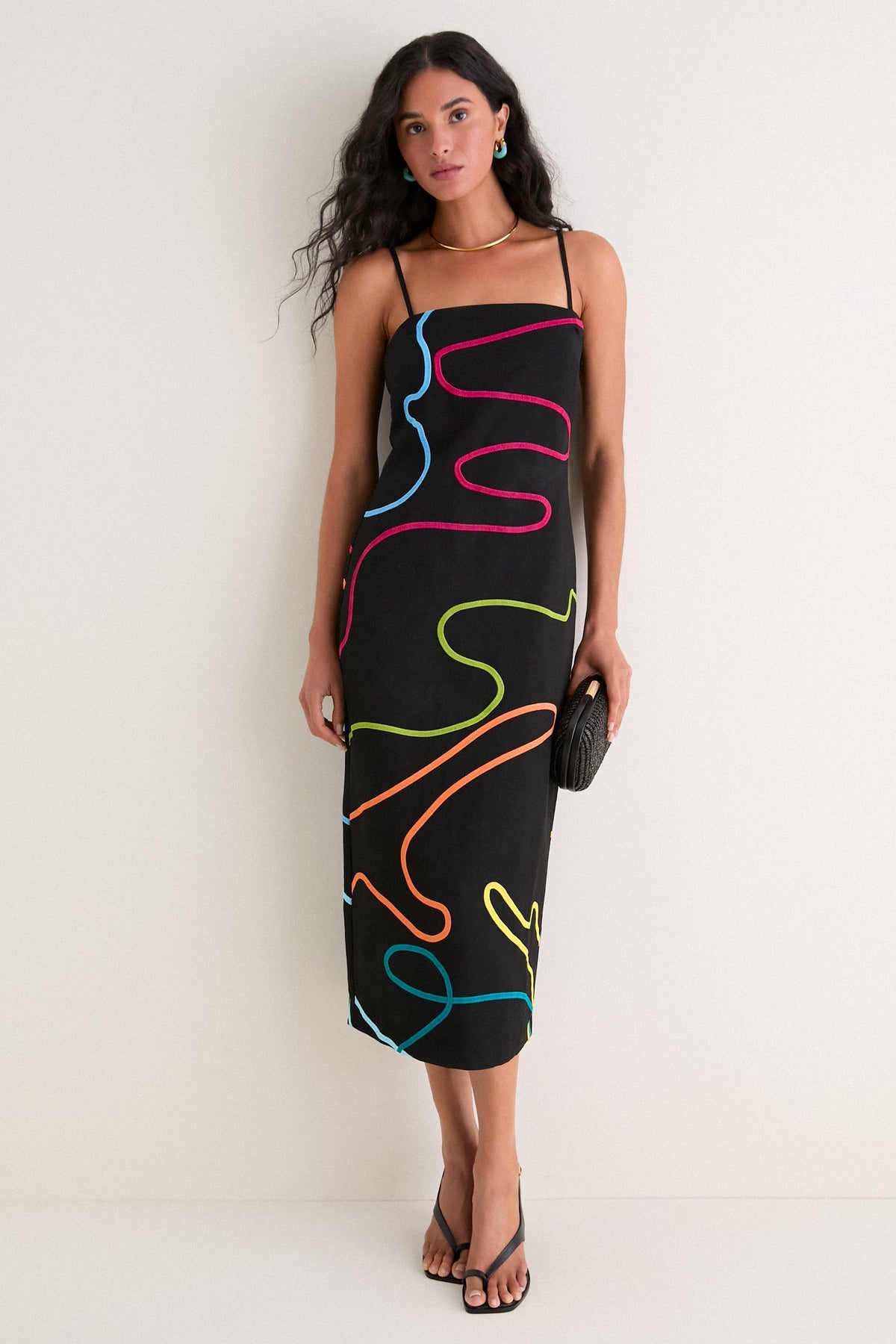 SIVAN | SWIRL EMBROIDERED LINEN MIDI DRESS - Black Rainbow Swirl