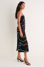 SIVAN | SWIRL EMBROIDERED LINEN MIDI DRESS - Black Rainbow Swirl