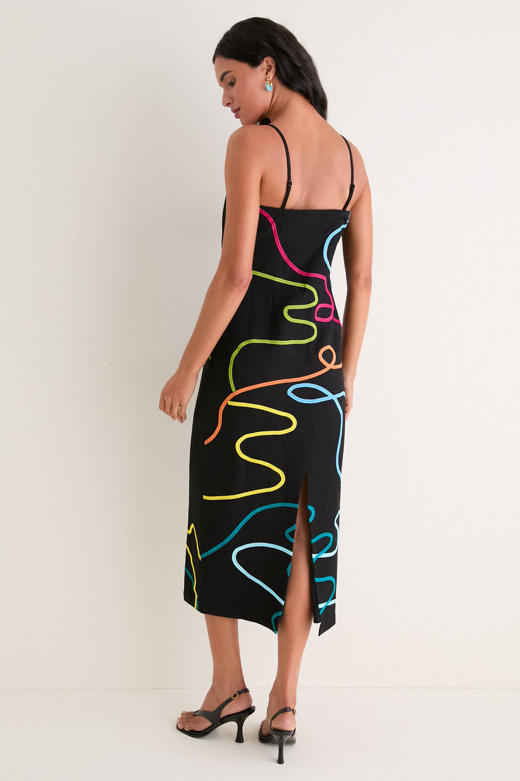 SIVAN | SWIRL EMBROIDERED LINEN MIDI DRESS - Black Rainbow Swirl