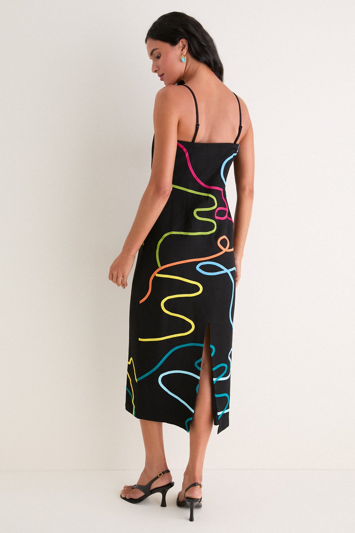 SIVAN | SWIRL EMBROIDERED LINEN MIDI DRESS - Black Rainbow Swirl
