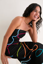 SIVAN | SWIRL EMBROIDERED LINEN MIDI DRESS - Black Rainbow Swirl