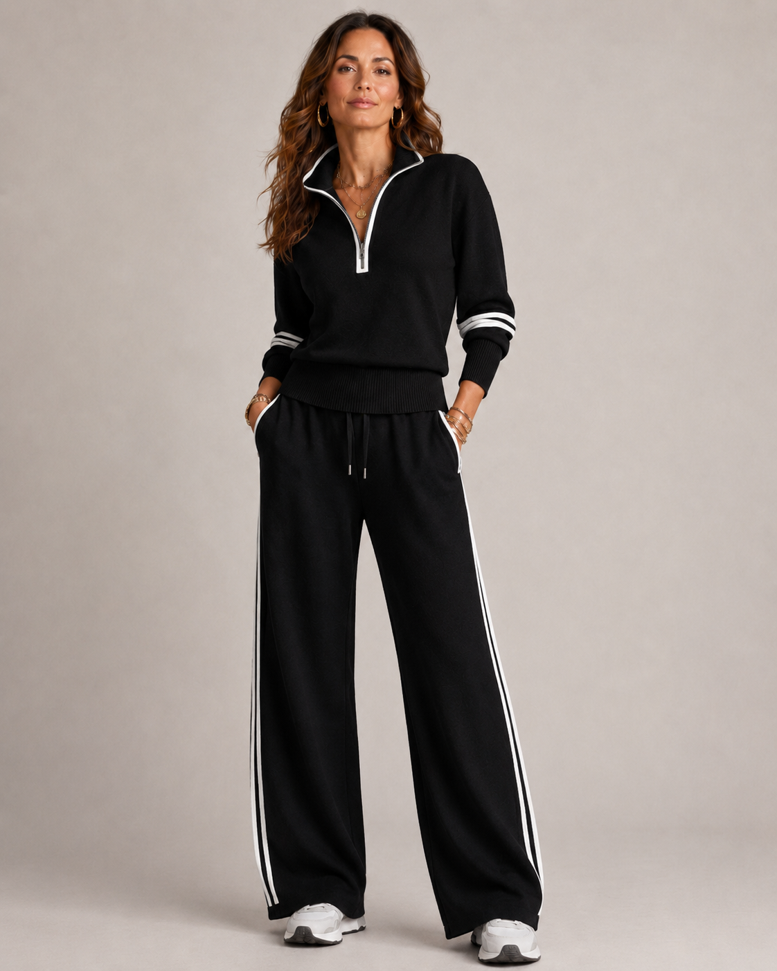 SKYE | QUARTER-ZIP STRIPED TROUSER SET - Black