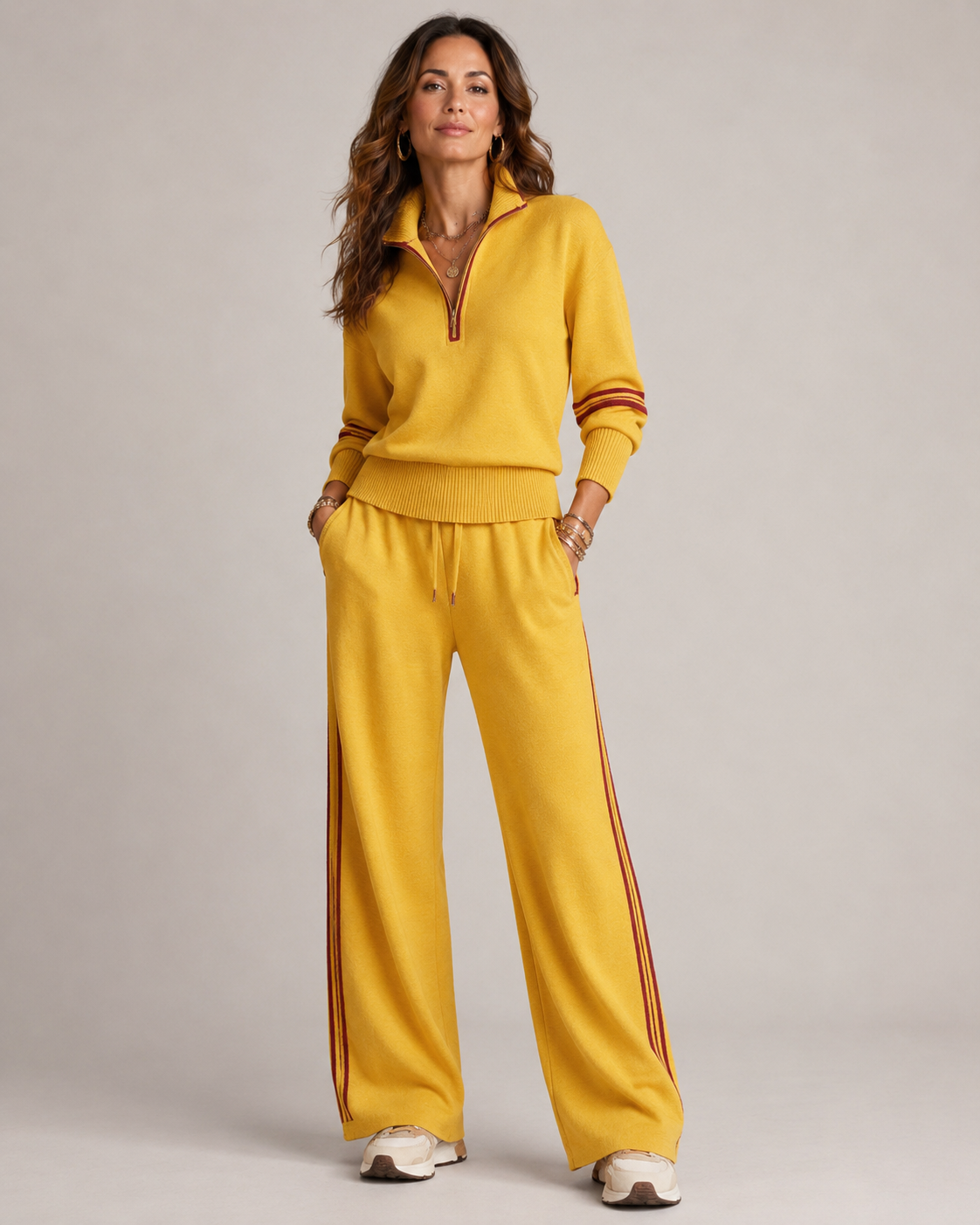 SKYE | QUARTER-ZIP STRIPED TROUSER SET - Mustard Yellow