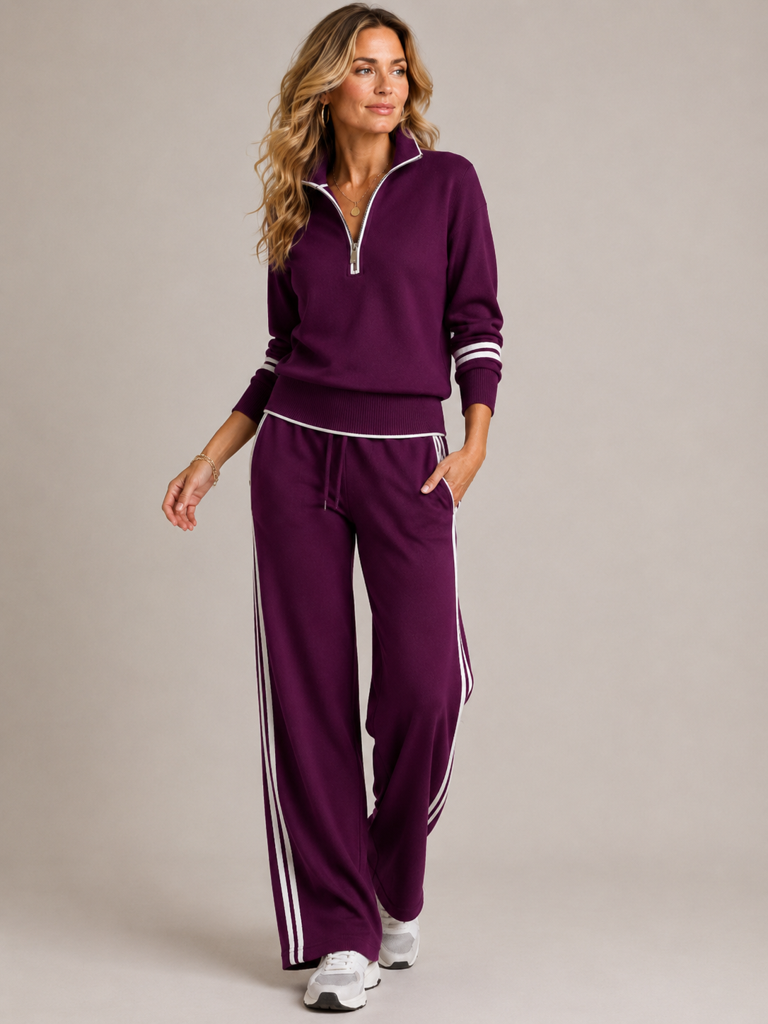 SKYE | QUARTER-ZIP STRIPED TROUSER SET - Purple