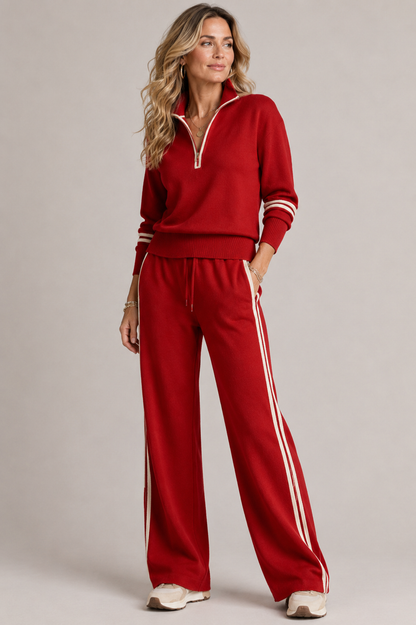 SKYE | QUARTER-ZIP STRIPED TROUSER SET - Red