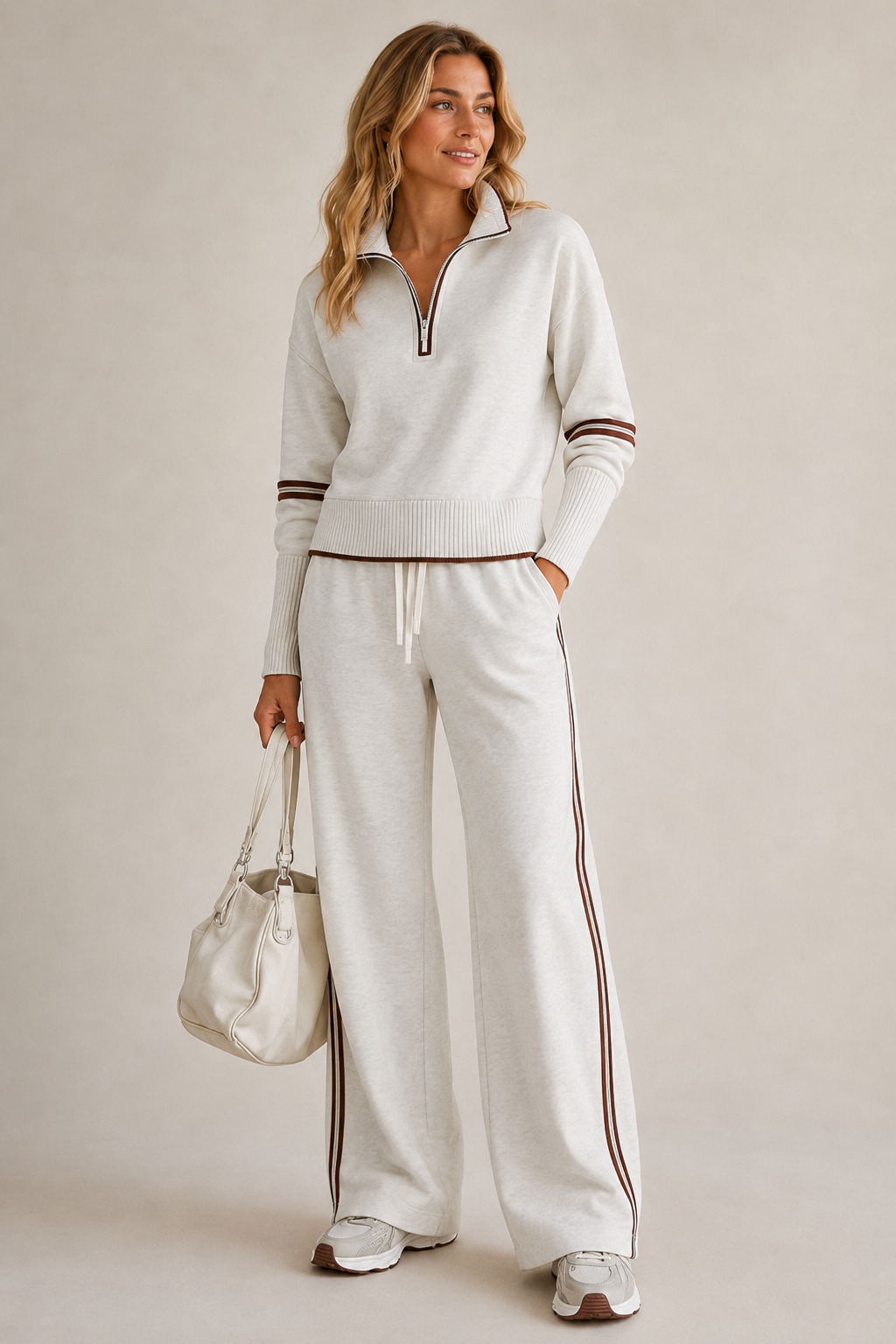 SKYE | QUARTER-ZIP STRIPED TROUSER SET - White