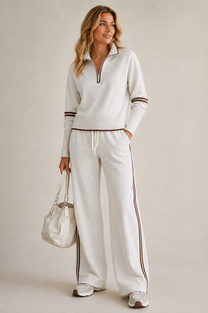 SKYE | QUARTER-ZIP STRIPED TROUSER SET - White