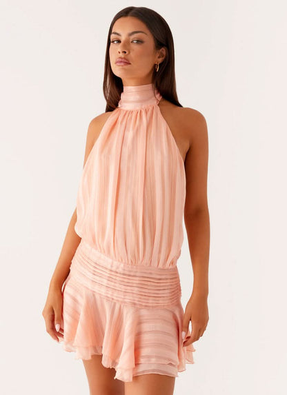Blush pink pleated chiffon halter mini dress with gathered waist detail
