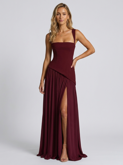 SOLARA | SQUARE NECK MAXI DRESS - Burgundy
