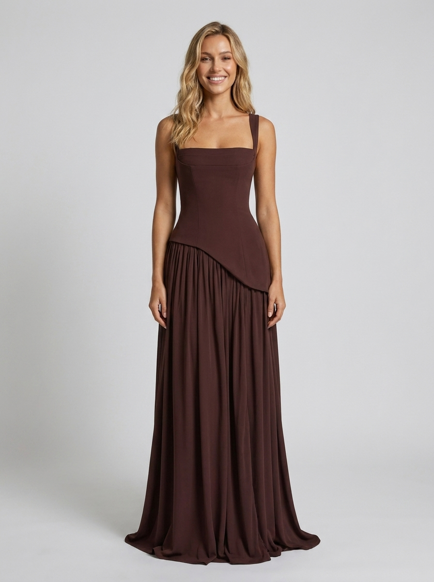 SOLARA | SQUARE NECK MAXI DRESS - Chocolate Brown