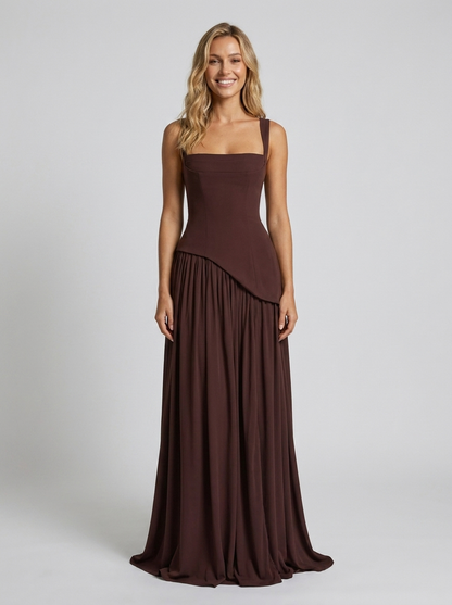 SOLARA | SQUARE NECK MAXI DRESS - Chocolate Brown