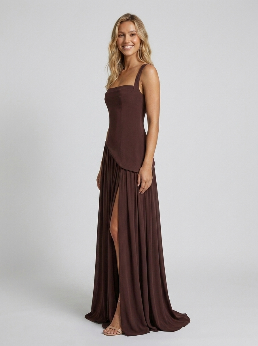 SOLARA | SQUARE NECK MAXI DRESS - Chocolate Brown