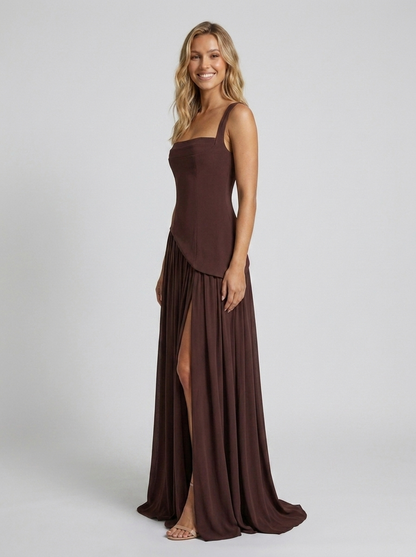 SOLARA | SQUARE NECK MAXI DRESS - Chocolate Brown