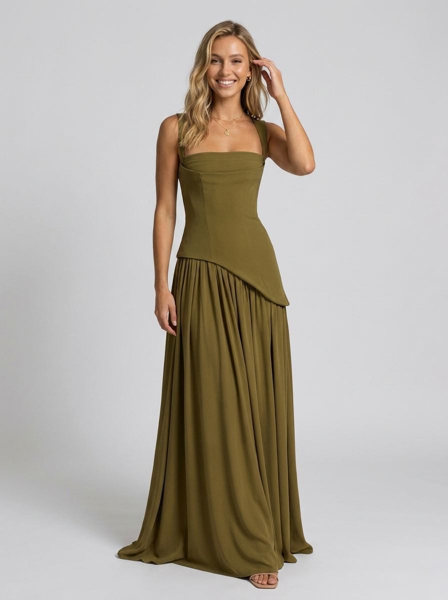SOLARA | SQUARE NECK MAXI DRESS - Olive Green