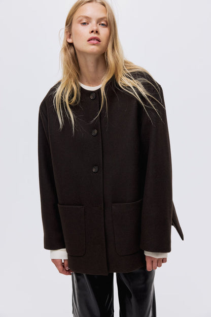 SOLVEIG | DETACHABLE SHAWL COLLAR COAT - Dark Brown