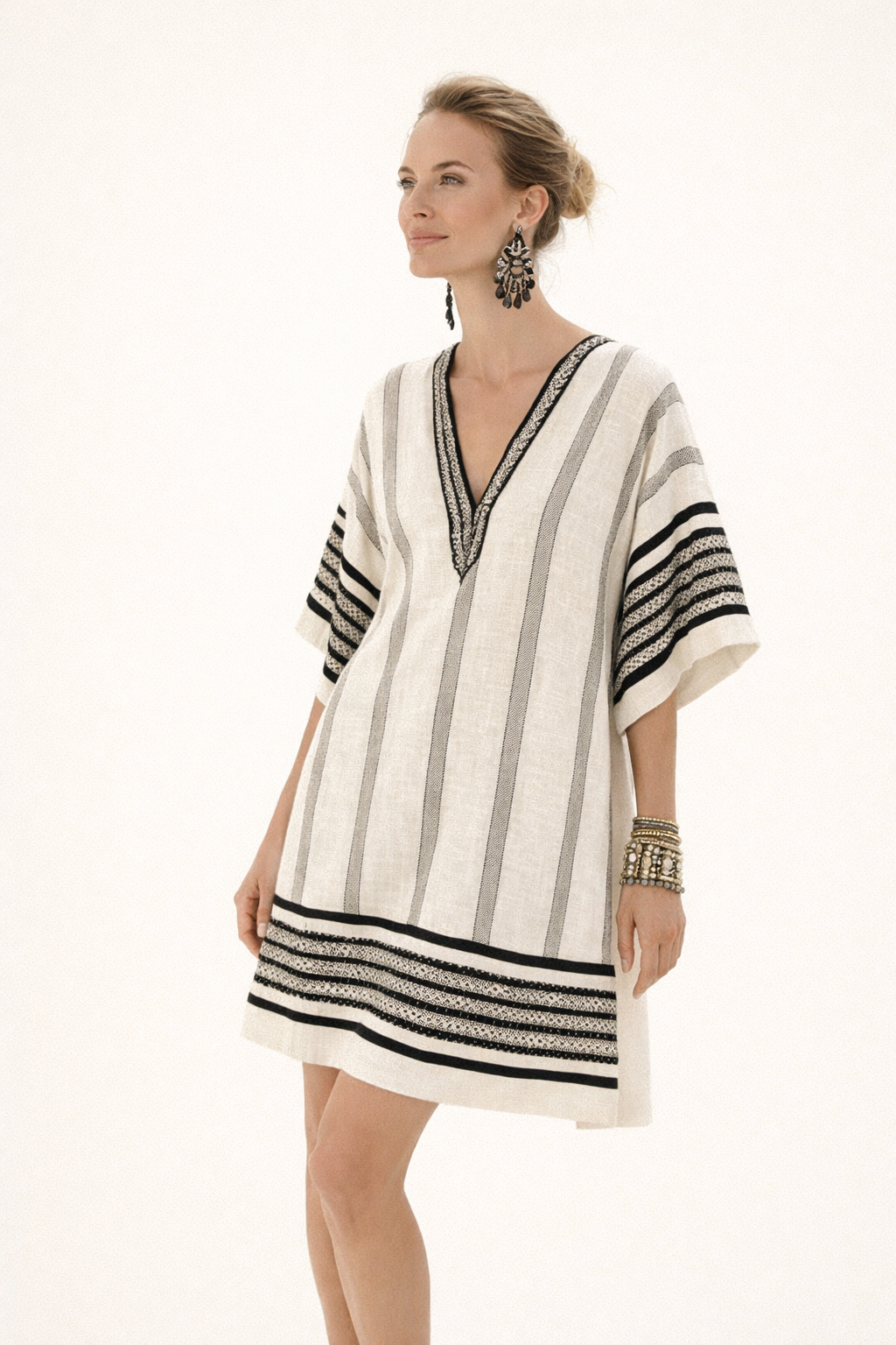 SONJA | STRIPED V-NECK MINI DRESS - Ivory and Black Stripe