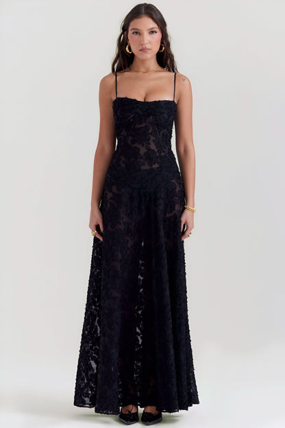 Black lace maxi dress with sweetheart neckline and spaghetti straps full length