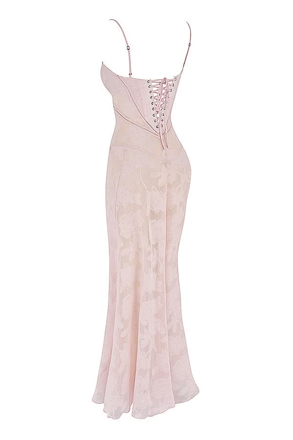 Blush pink floral jacquard maxi dress with thin straps and fitted bodice