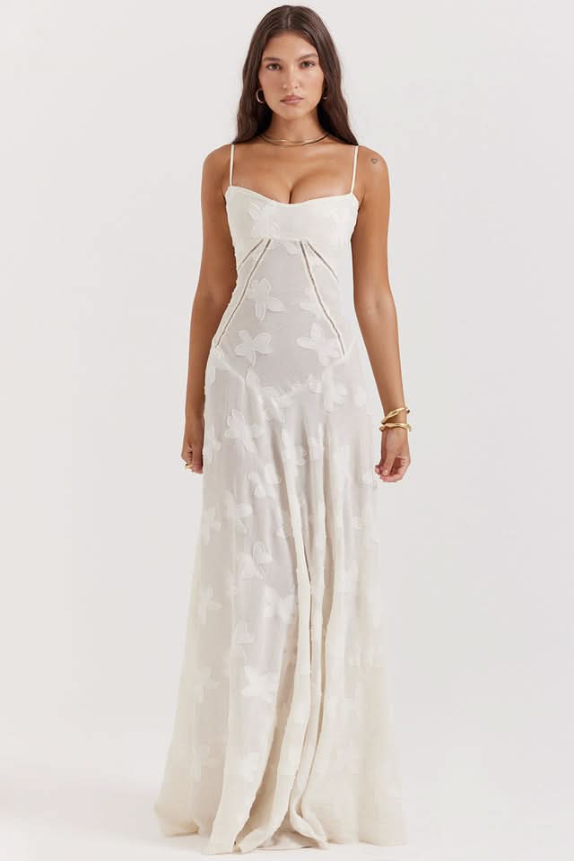 Cream white floral maxi dress with cowl neckline and draped bodice detail