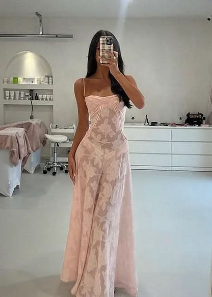 Blush pink floral jacquard maxi dress with sweetheart neckline and lace-up corset back