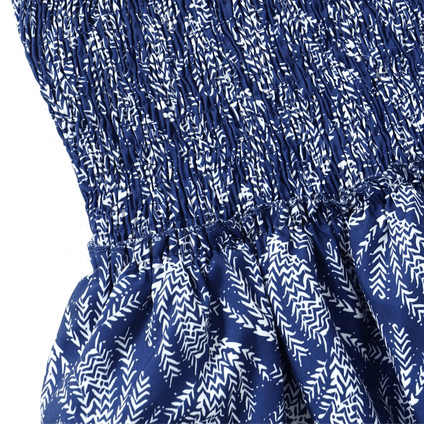 Navy fern print mini skirt with tiered ruffle layers and smocked top