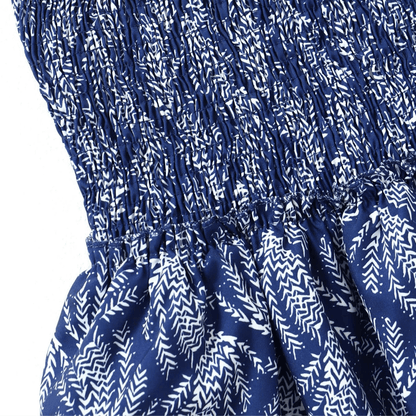 Navy fern print mini skirt with tiered ruffle layers and smocked top