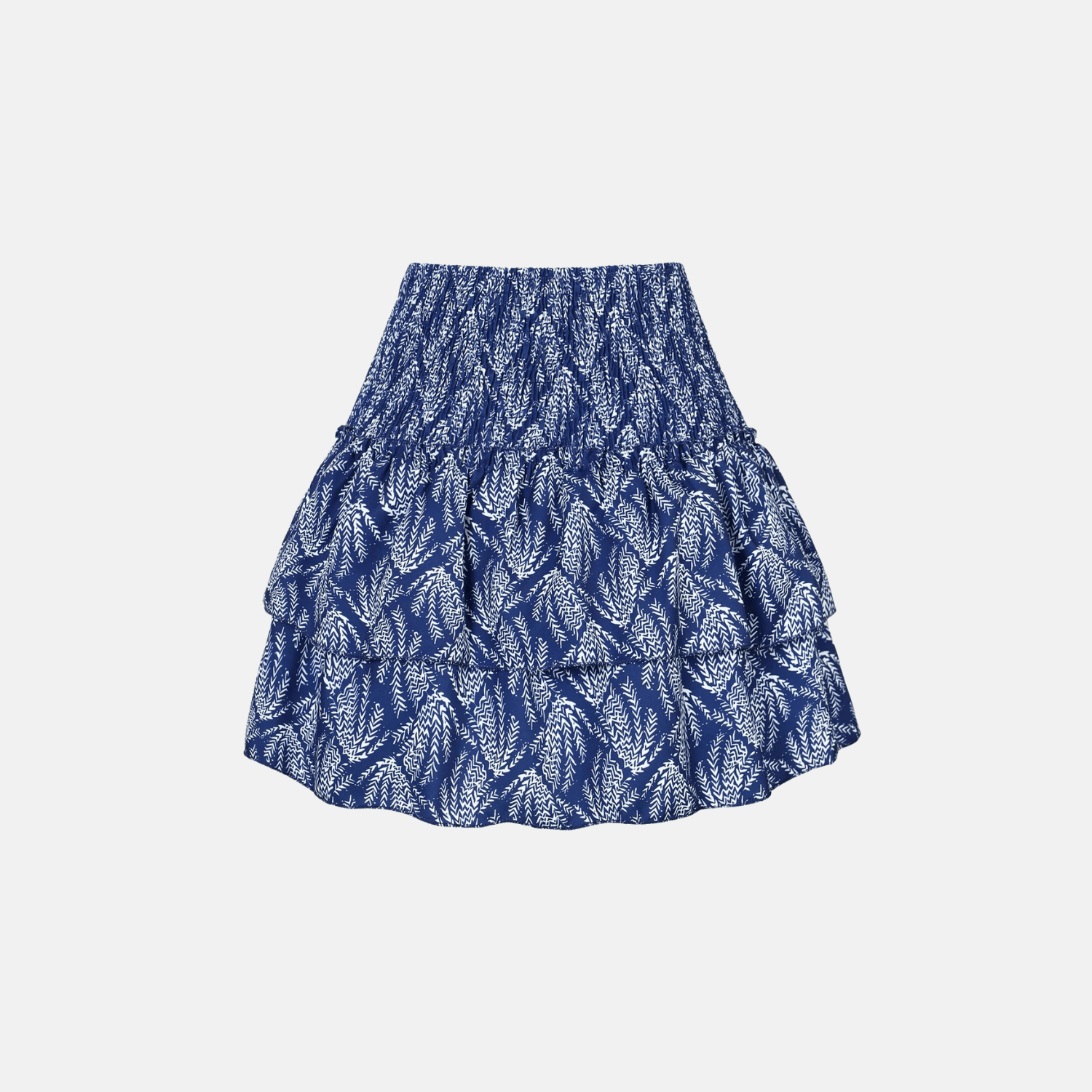 Navy leaf pattern mini skirt with multiple tiered ruffles and gathered waist