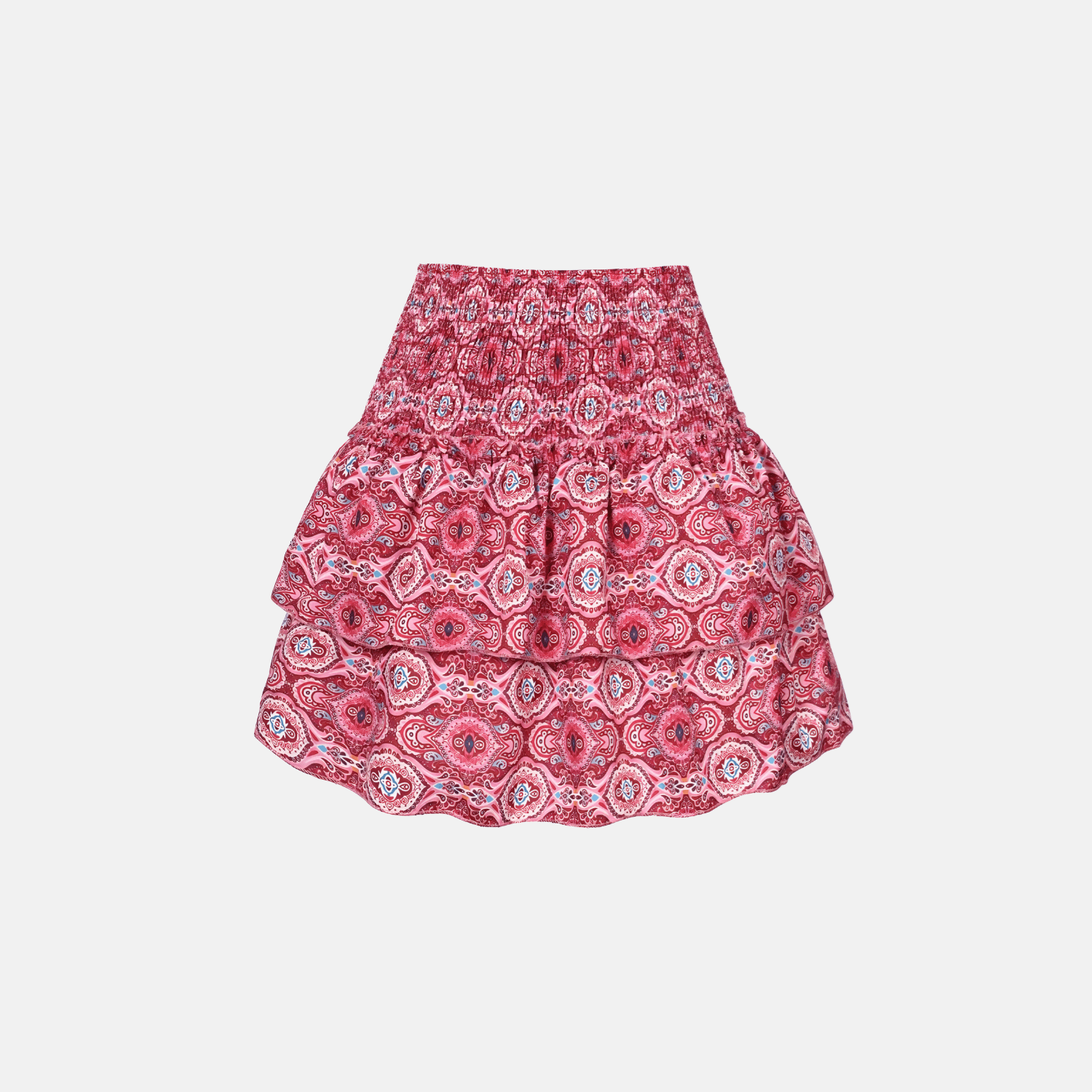 Pink ornamental print mini skirt with two-tier ruffle design and smocked waistband