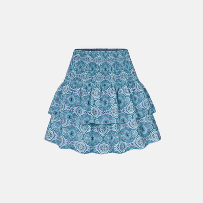 Teal paisley patterned mini skirt with layered ruffles and elastic waist