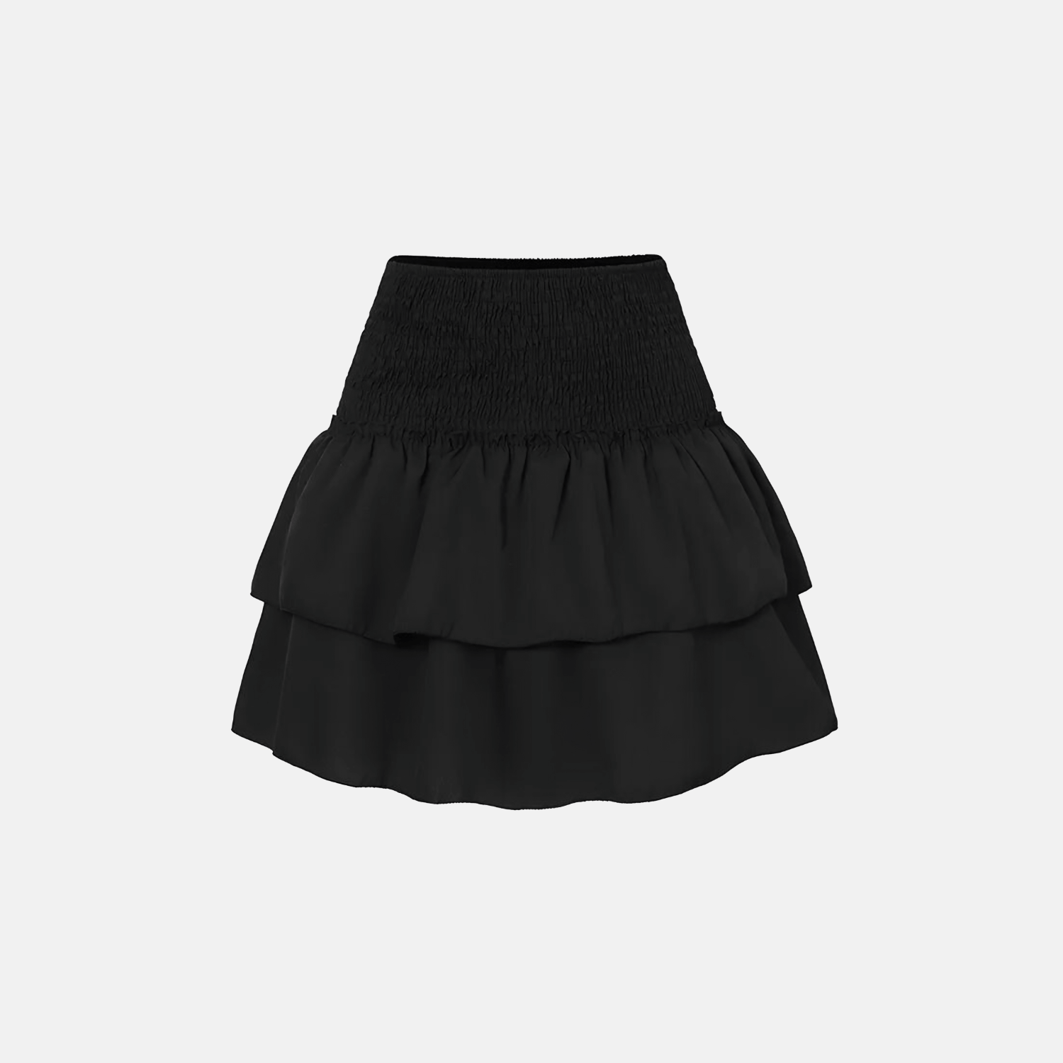 Black tiered ruffle mini skirt with smocked waistband and flowy silhouette