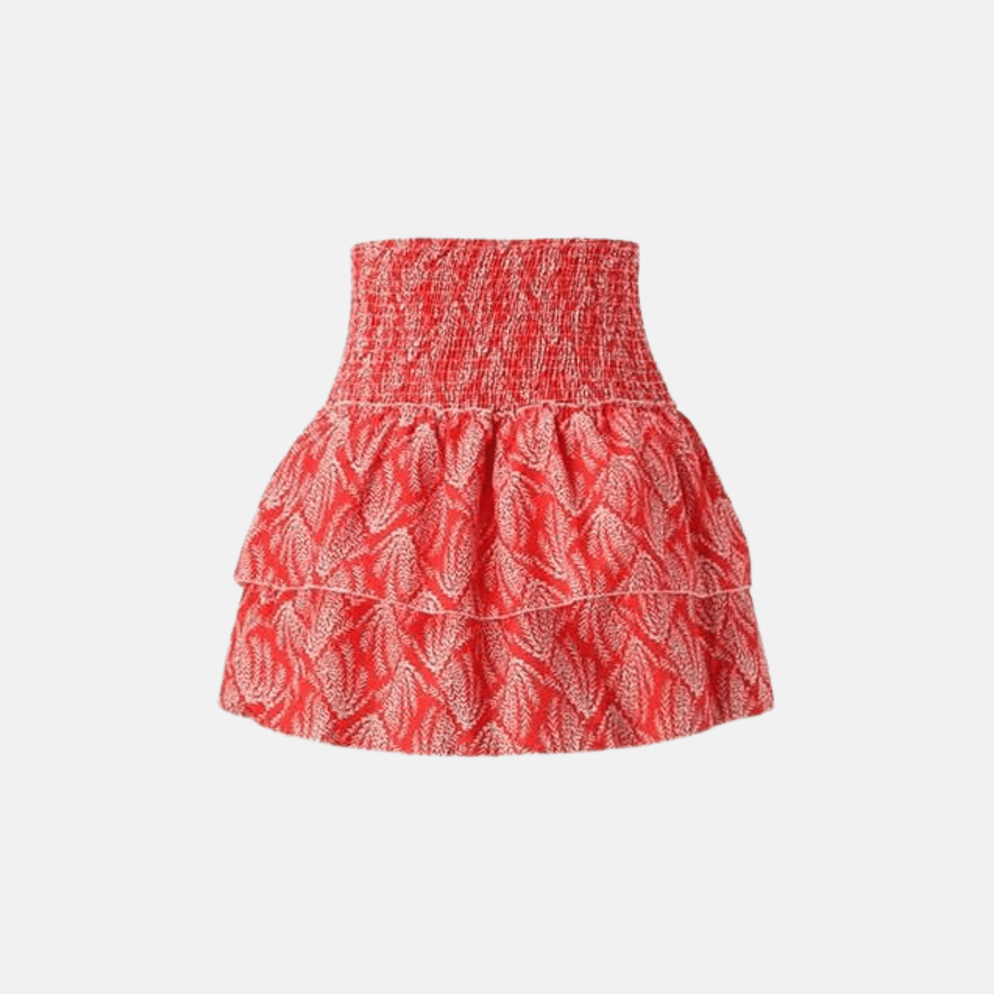 Red fern print mini skirt with tiered ruffles and gathered smocked waistband