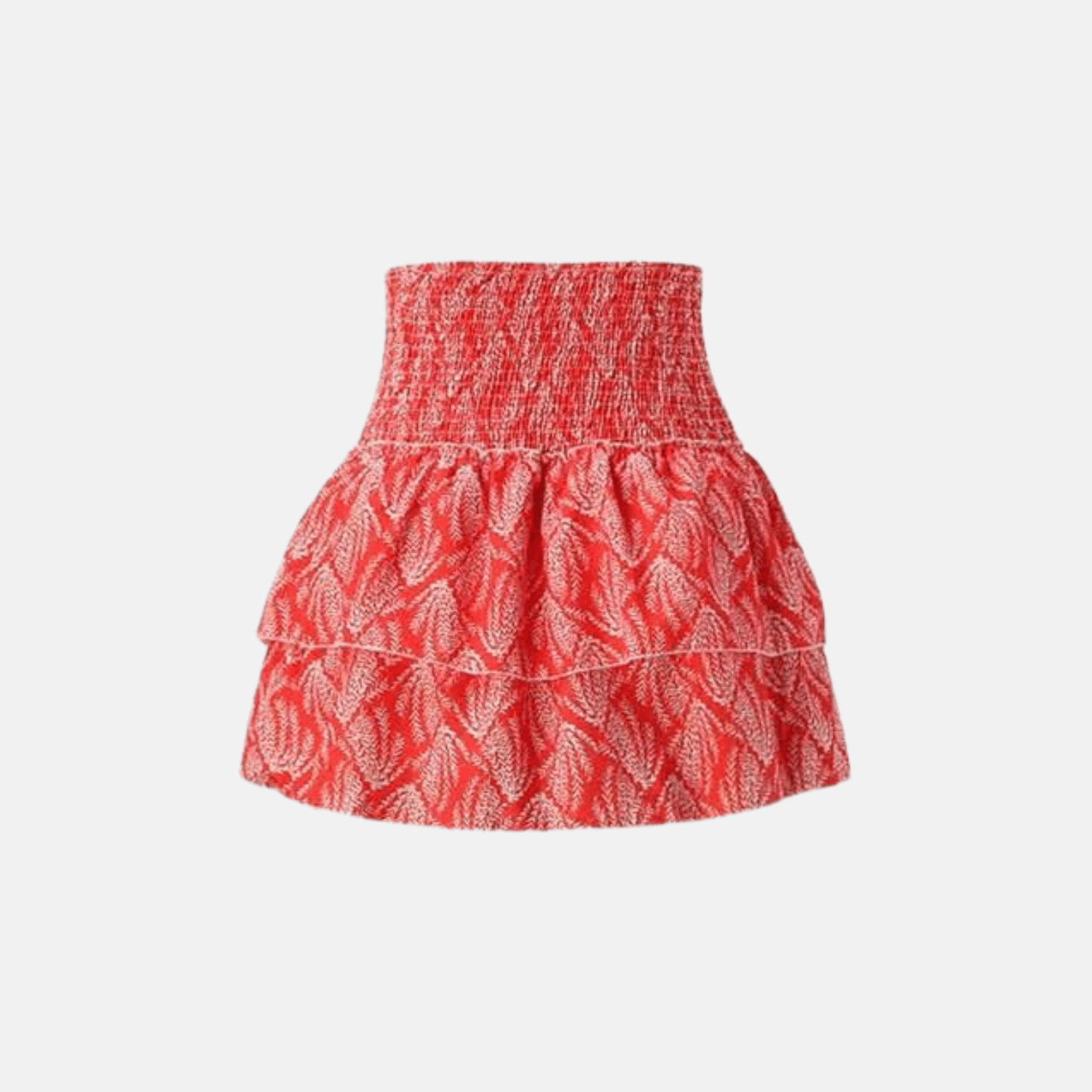 Red fern print mini skirt with tiered ruffles and gathered smocked waistband