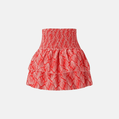 Red fern print mini skirt with tiered ruffles and gathered smocked waistband
