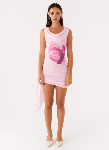 Light pink mini dress with magenta flower print and draped cowl neck front view
