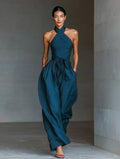 STINA | HALTER LINEN WIDE LEG JUMPSUIT - Teal Blue