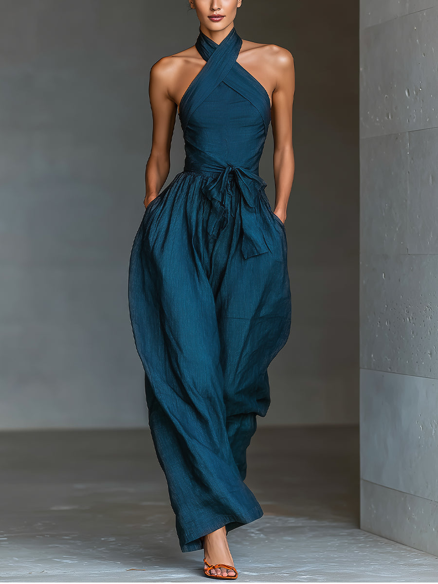 STINA | HALTER LINEN WIDE LEG JUMPSUIT - Teal Blue